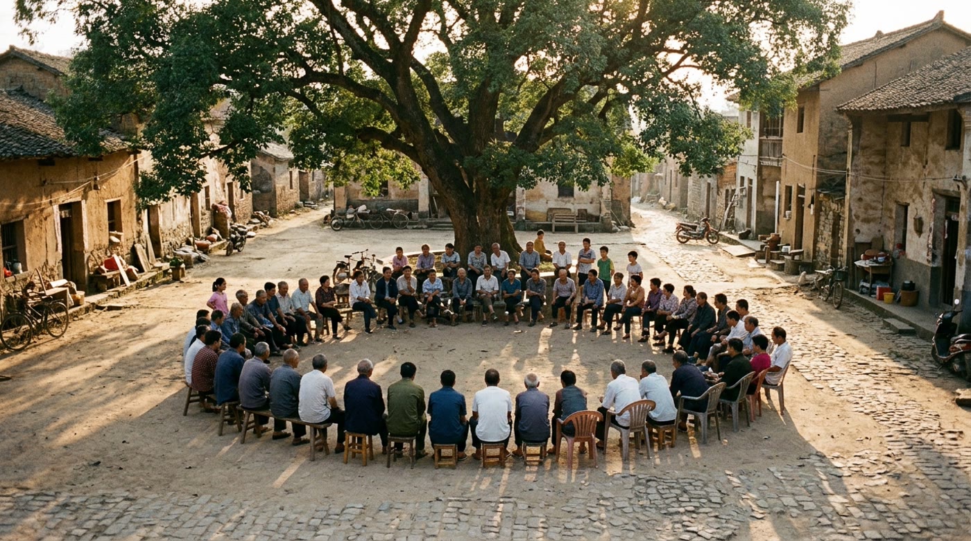 A family seated in a circle under a tree